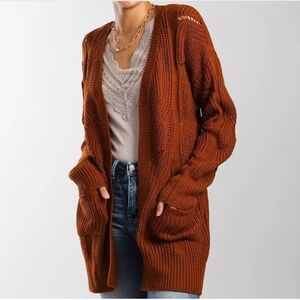 Daytrip Open Weave Pointelle Flyaway Cardigan Cable Knit Sweater Large